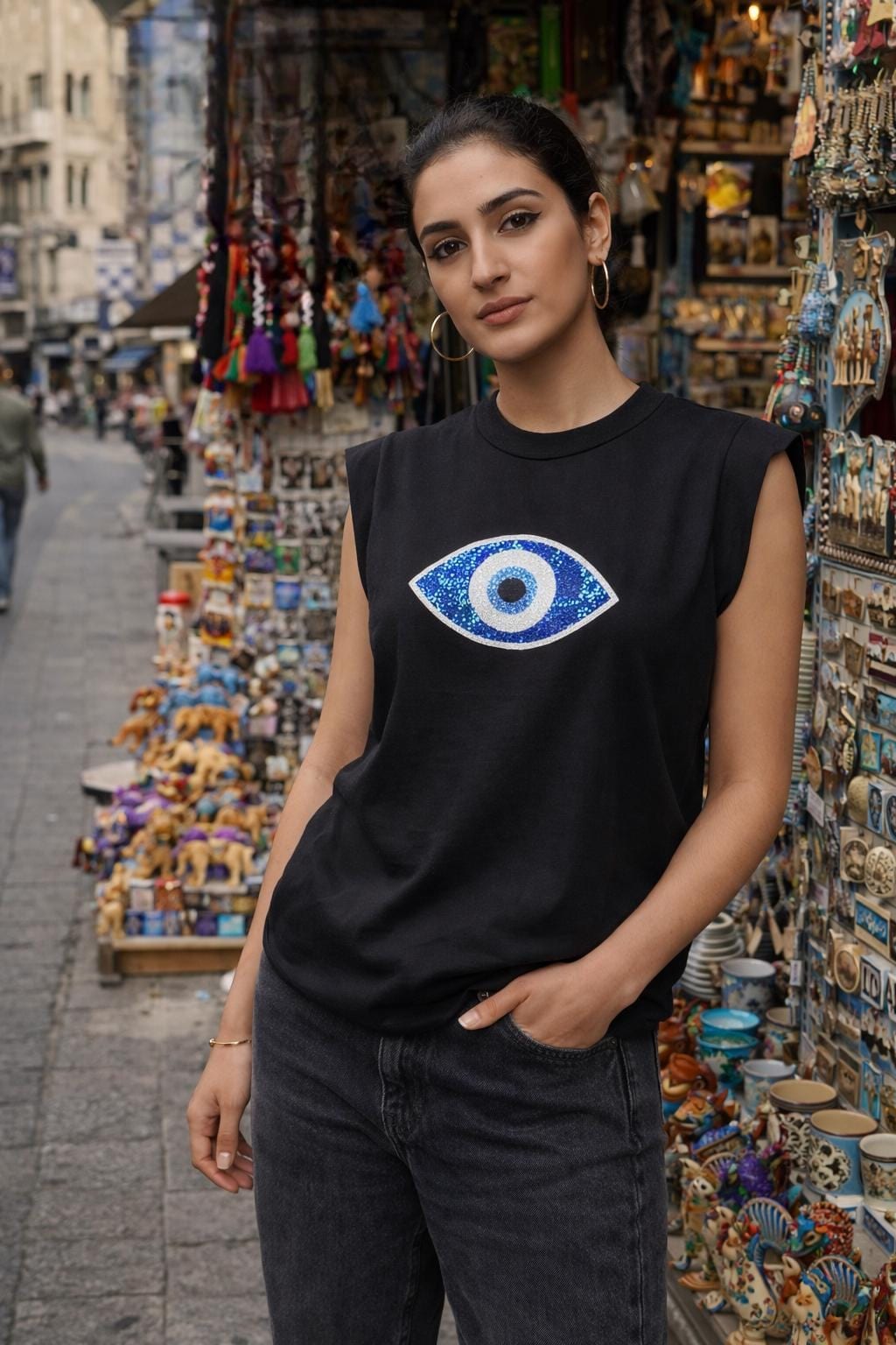 Black Evil Eye Shirt with Sequin Eye — 2