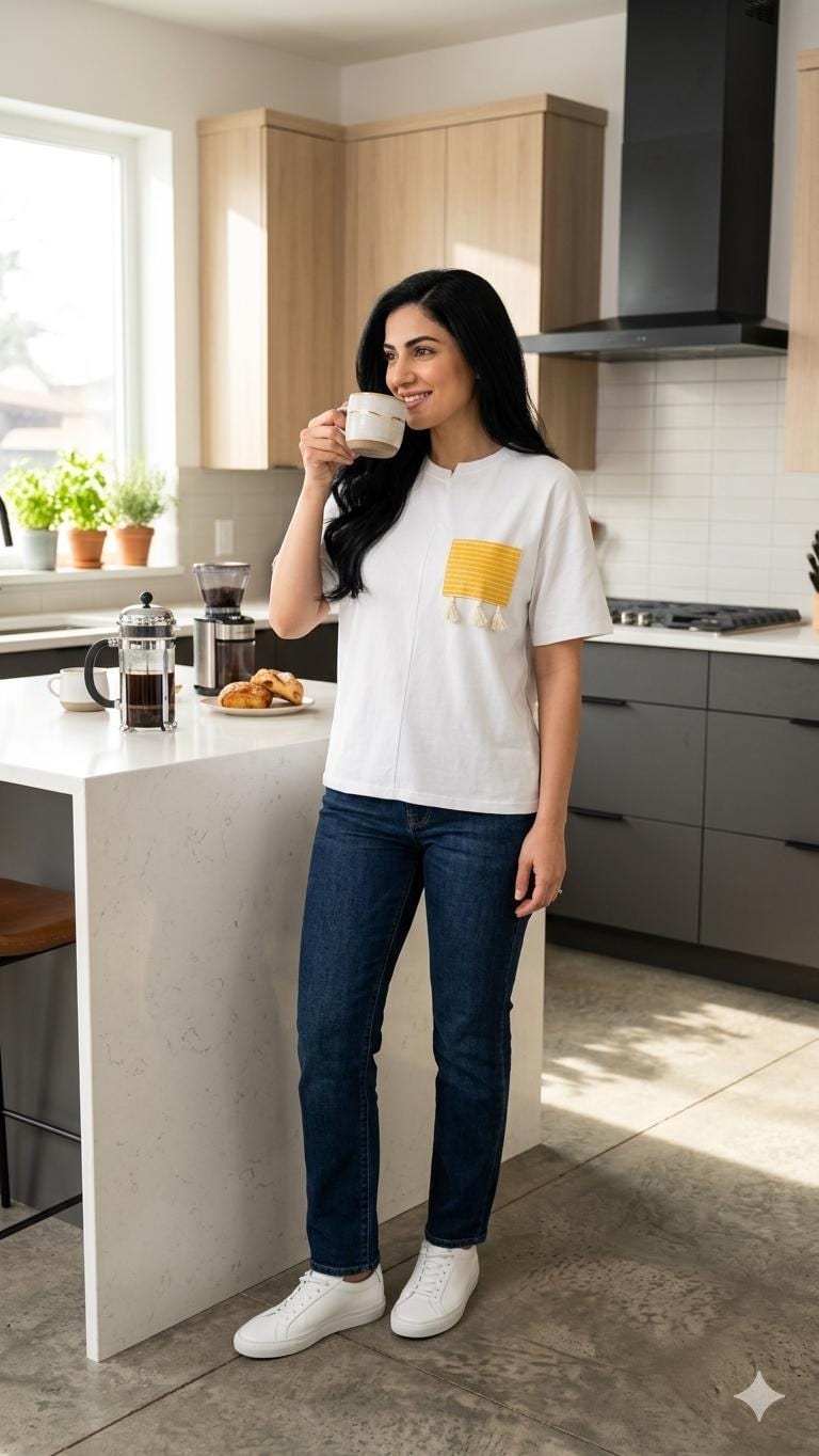 Off White Cotton T-Shirt with Saya Silk Pocket — 2