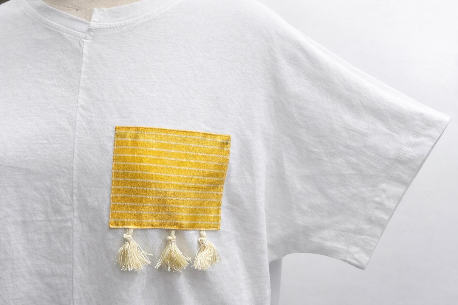 Off White Cotton T-Shirt with Saya Silk Pocket — 3