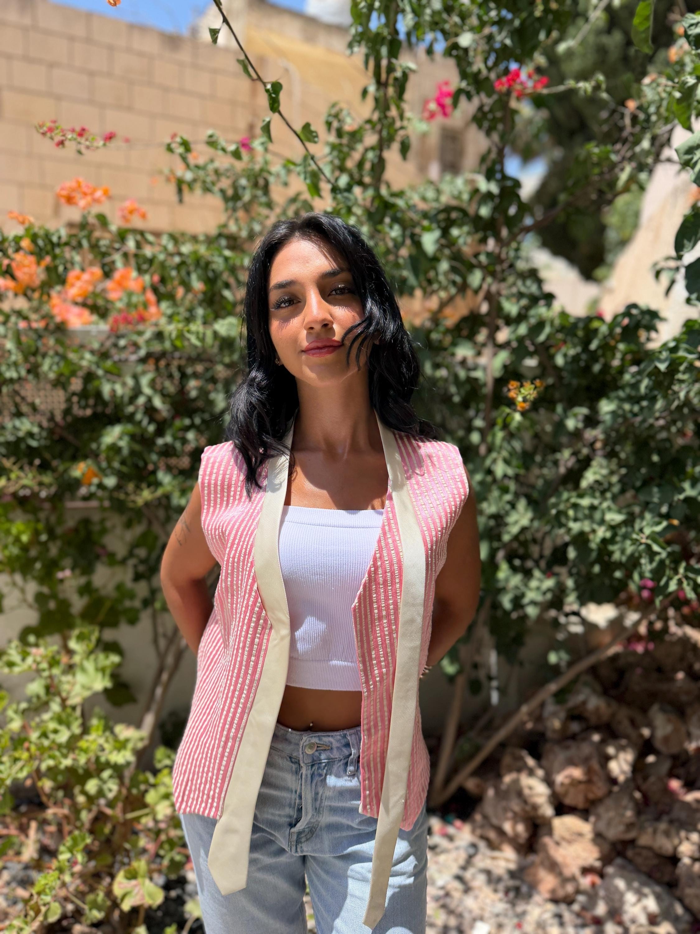 Pink Striped Open Front Vest — 1