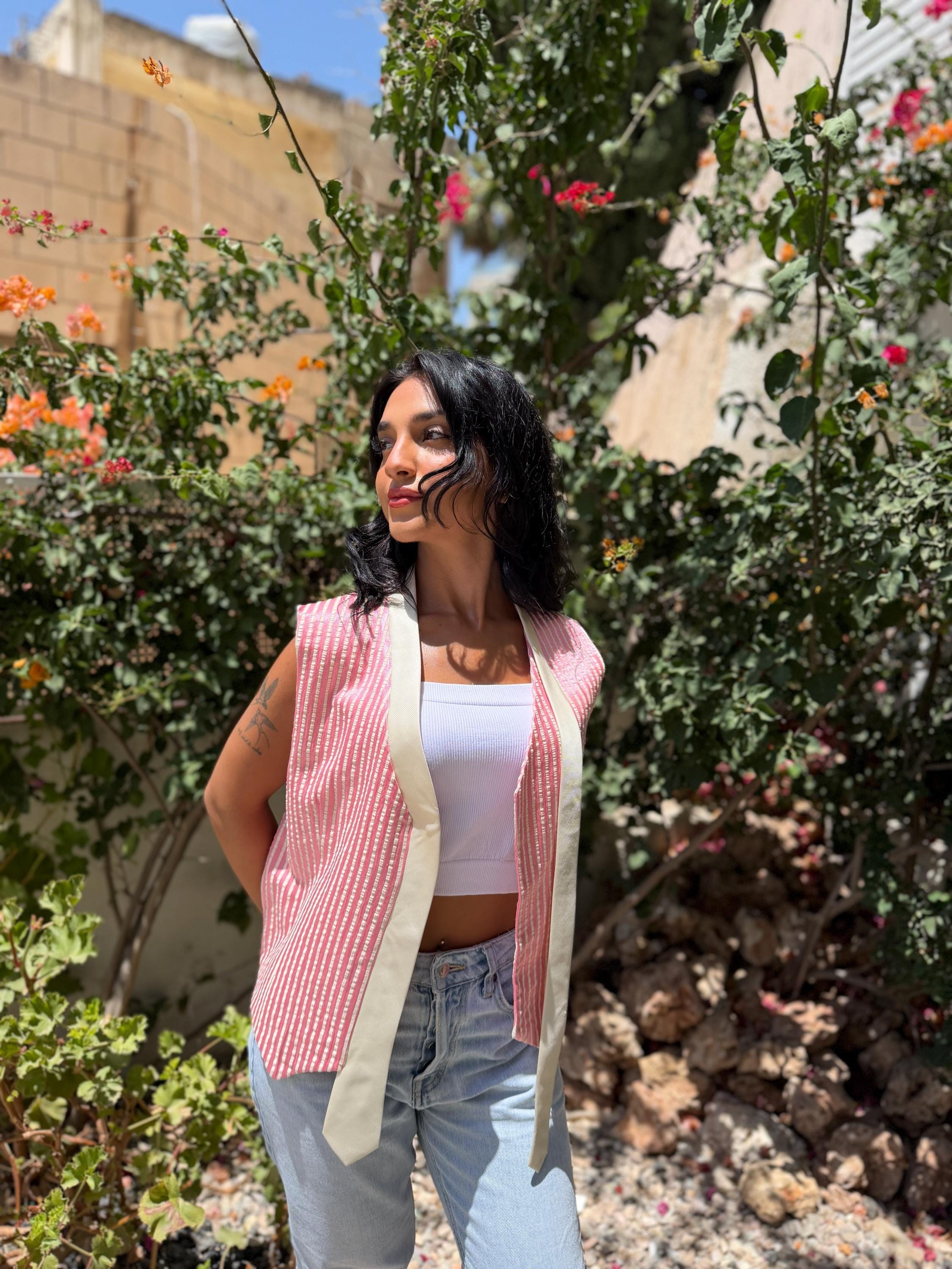 Pink Striped Open Front Vest — 2