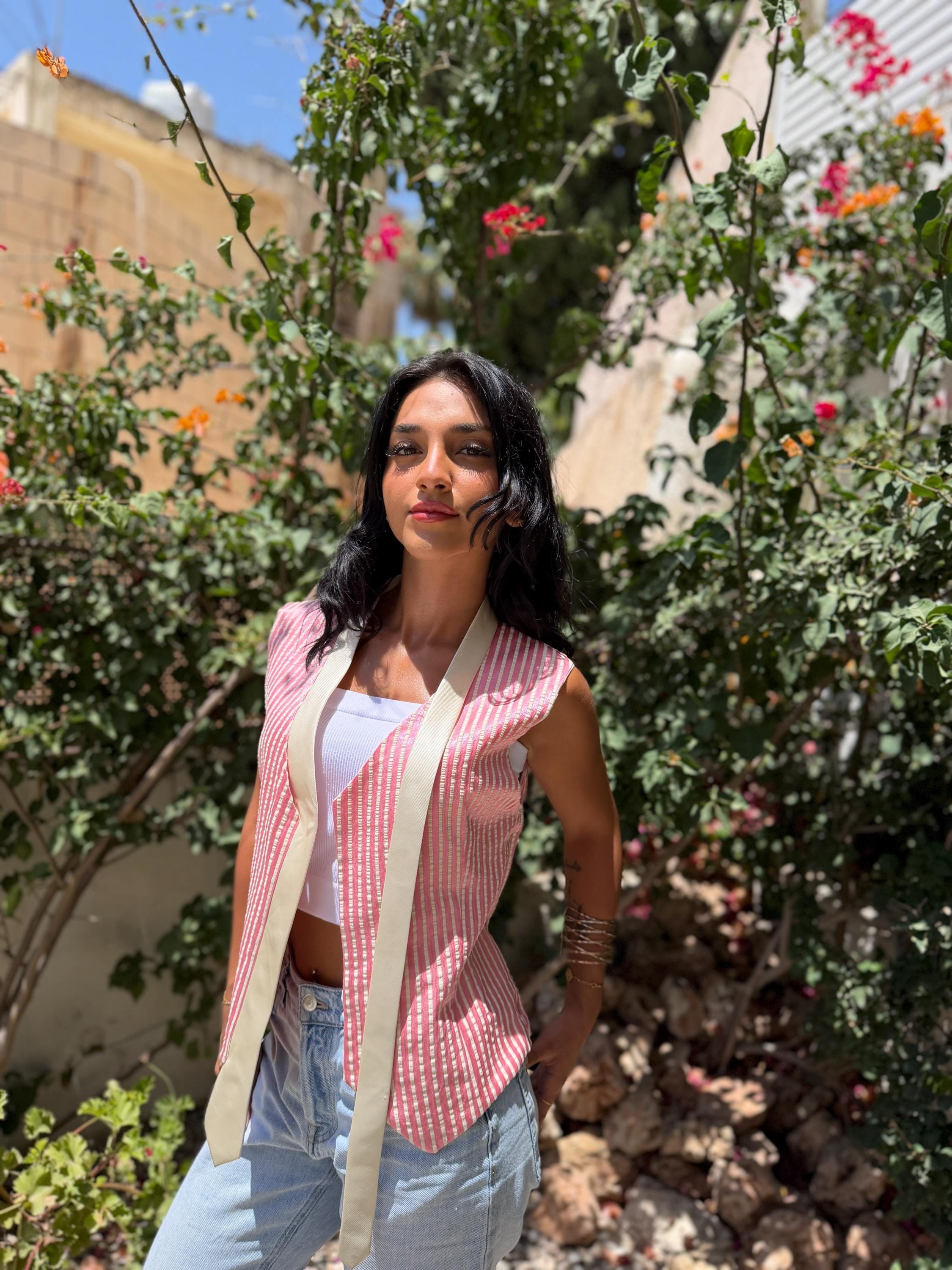 Pink Striped Open Front Vest — 3