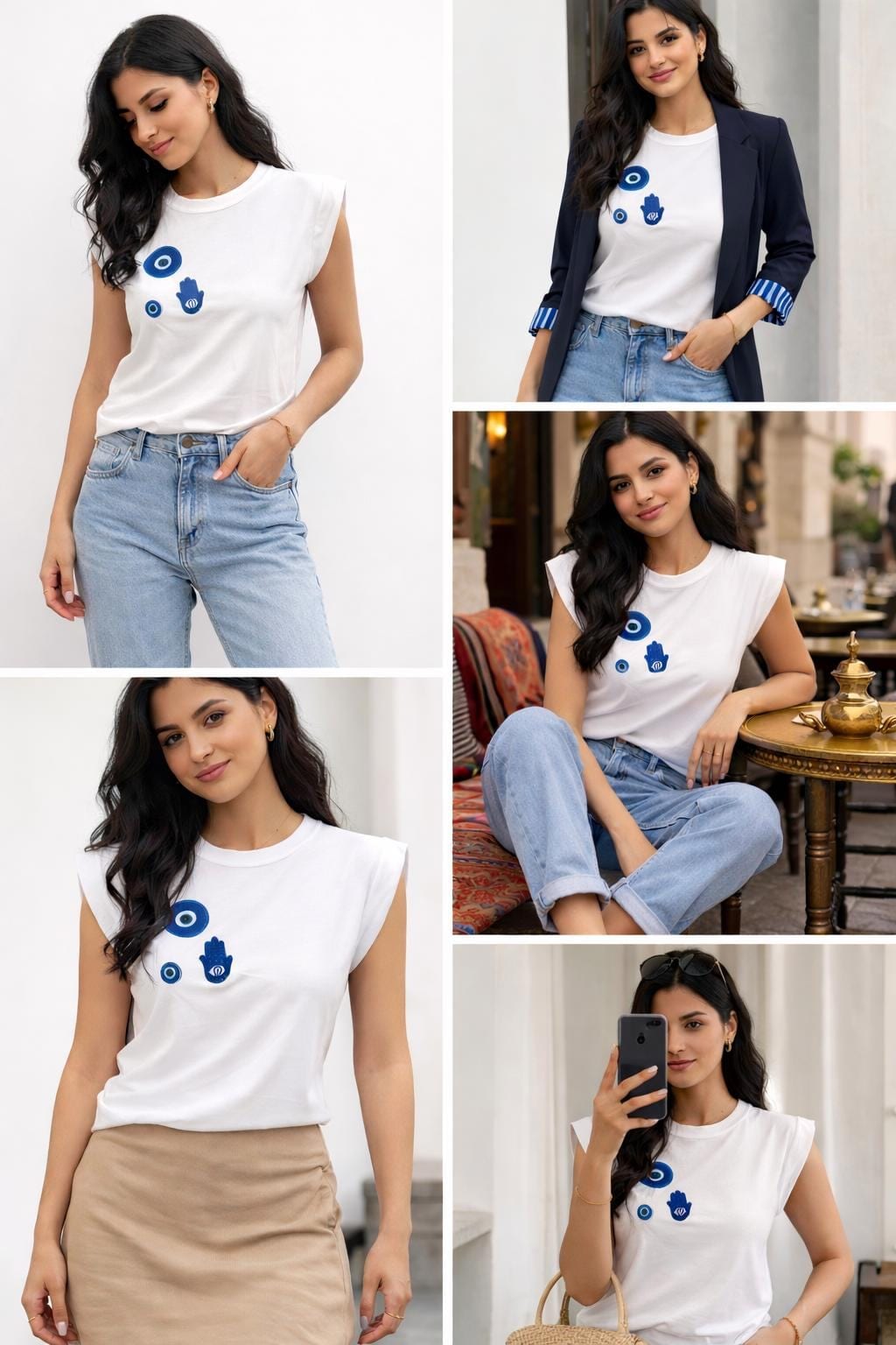 White Evil Eye Shirt with Hamsa Hand — 3