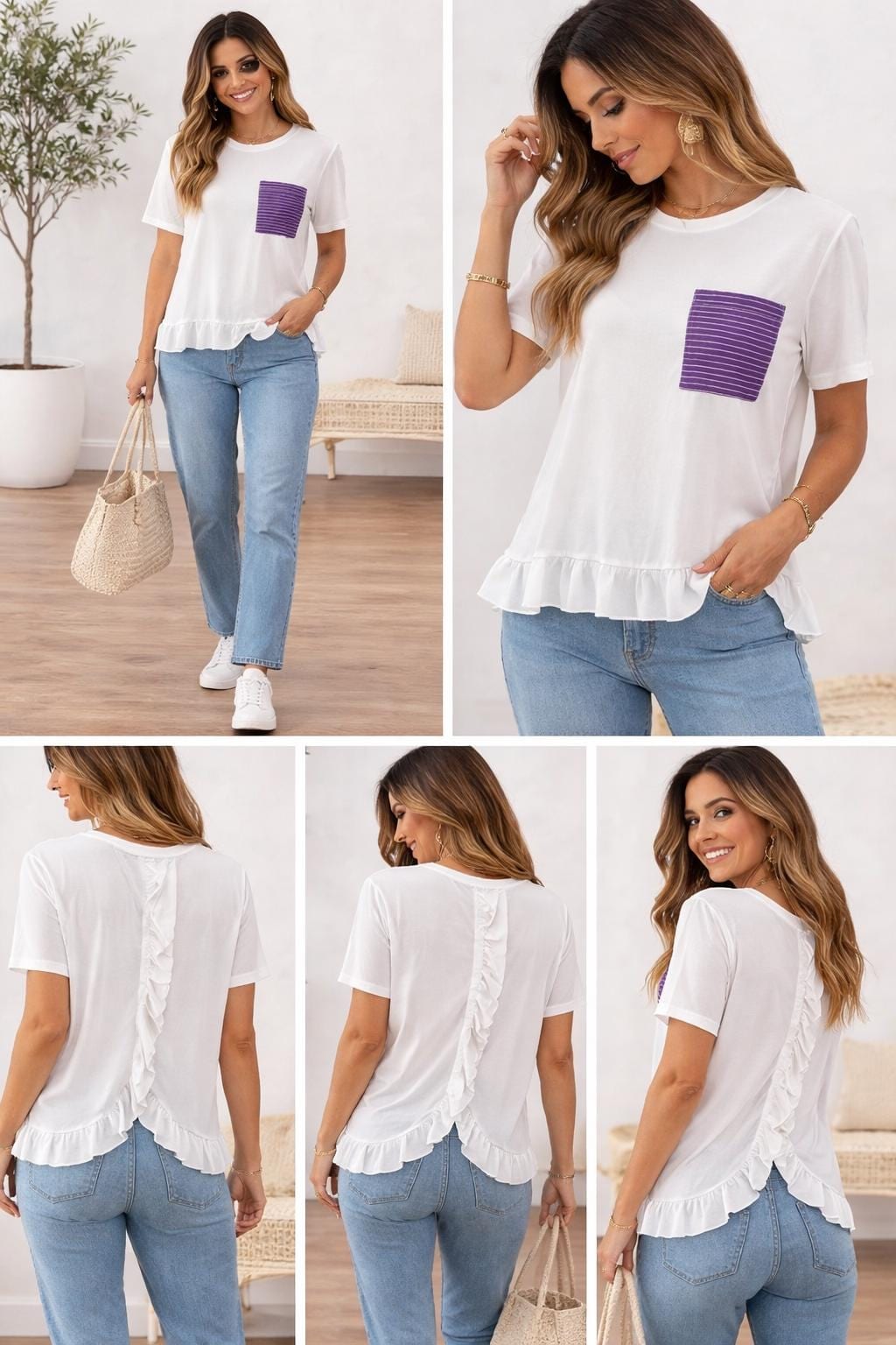 White Ruffle Hem Shirt with Saya Silk Pocket — 2